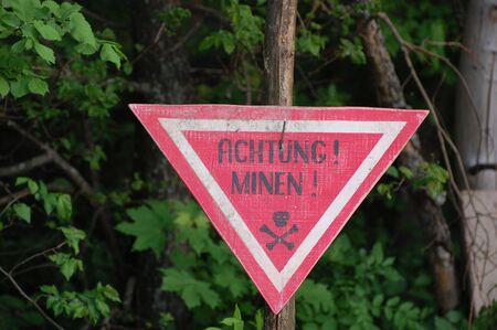 "Achtung minen" sign. WW2 reenactment の写真素材