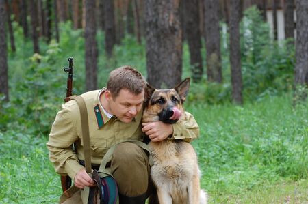 KIEV ,UKRAINE. July 1, 2008. Military history club Red Star. Historical military reenacting.Person in Soviet Border Guard uniform of 1941 ,near Kiev, Ukraineのeditorial素材