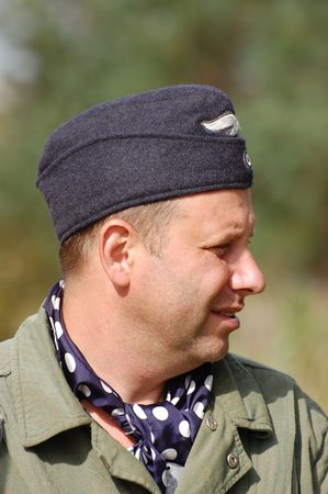 CHERNIGOW, UKRAINE - AUG 29: Member of Red Star military history club wears historical German...