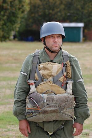 CHERNIGOW, UKRAINE - AUG 29: A member of Red Star military history club wears historical German...