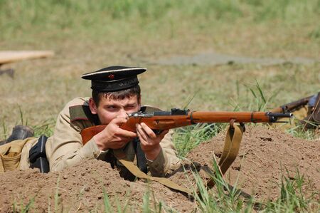 KIEV, UKRAINE - MAY 10 : Members of Red Star history club wear historical Soviet uniform during...