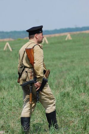KIEV, UKRAINE - MAY 10 : A member of Red Star history club wears historical Soviet uniform during...