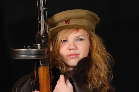 Girl wears Soviet military uniformの写真素材