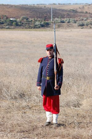 CRIMEA, UKRAINE - SEPTEMBER 26: Member of military history club Red Star wears French historical uniform during historical reenactment of Crimean War September 26, 2009 in Crimea, Ukraine のeditorial素材