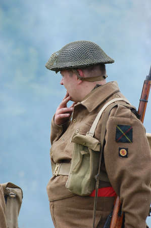 KIEV ,UKRAINE. May 9 , 2008. Military history club Red Star. Historical military reenacting. War in Germany in may 1945. Person in Scottish regiment uniform. のeditorial素材