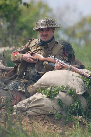 KIEV ,UKRAINE. May 9 , 2008. Military history club Red Star. Historical military reenacting. War in Germany in may 1945. Person in Scottish regiment uniformのeditorial素材