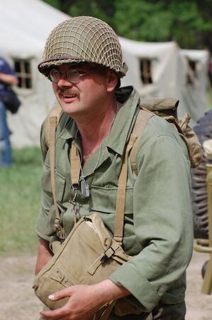 KIEV, UKRAINE - MAY 9: A member of military history club Red Star in American uniform during...