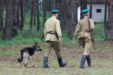 KIEV ,UKRAINE. July 1, 2008. Military history club Red Star. Historical military reenacting. Demonstration for Ukrainian army high commanders at military base near Kiev, Soviet uniform WW2 のeditorial素材