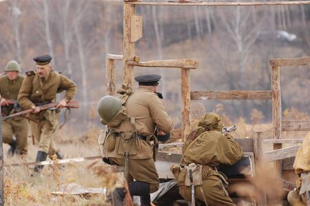 KIEV, UKRAINE - NOV 7: members of Red Star history club wear historical Soviet uniform during historical reenactment of Kiev Liberation in 1943, November 7, 2010 in Kiev, Ukraine のeditorial素材