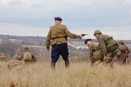 KIEV, UKRAINE - NOV 7: members of Red Star history club wear historical Soviet uniform during historical reenactment of Kiev Liberation in 1943, November 7, 2010 in Kiev, Ukraine のeditorial素材