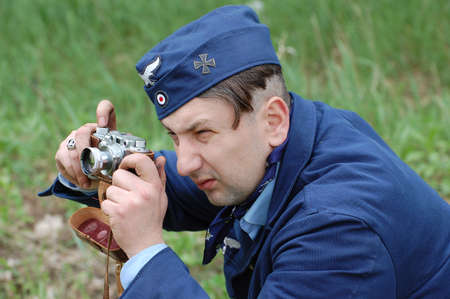 KIEV, UKRAINE - MAY 9: A member of a military history club wears a historical German uniform as he...