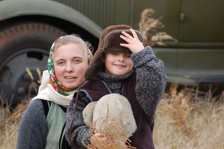 KIEV, UKRAINE - NOV 7: members of Red Star history club wear historical Ukrainian costume during historical reenactment of Kiev Liberation in 1943, November 7, 2010 in Kiev, Ukraineのeditorial素材