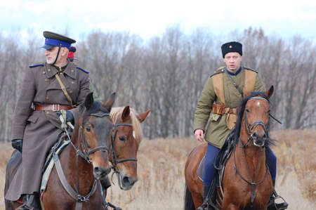KIEV, UKRAINE - NOV 7: members of Red Star history club wear historical Soviet uniform during historical reenactment of Kiev Liberation in 1943, November 7, 2010 in Kiev, Ukraine のeditorial素材