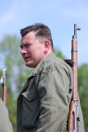 KIEV, UKRAINE - MAY 9: A member of military history club Red Star in American uniform during...