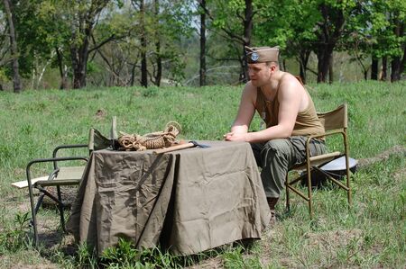 KIEV, UKRAINE - MAY 10 : Member of Red Star history club wears historical American uniforms during participation in 1945 WWII reenactment May 10, 2010 in Kiev, Ukraine のeditorial素材