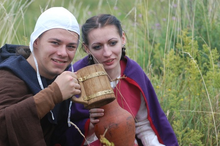KIEV, UKRAINE - JULY 31: Members of history club wears historical medieval costume as they participates in historical festival and camp July 31, 2009 in Kiev, Ukraine. のeditorial素材