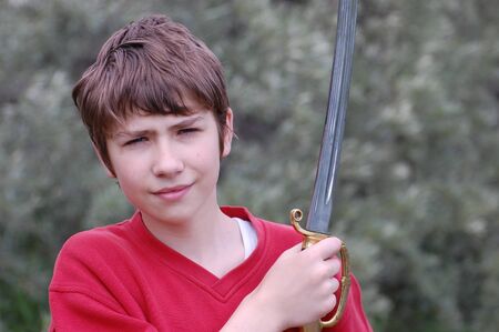 Teen boy with sable. Soviet. Made for parade at V-day in 1945 の写真素材