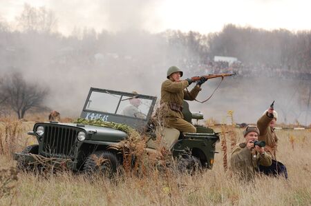 KIEV, UKRAINE - NOV 7: members of Red Star history club wear historical Soviet uniform during historical reenactment of Kiev Liberation in 1943, November 7, 2010 in Kiev, Ukraine のeditorial素材