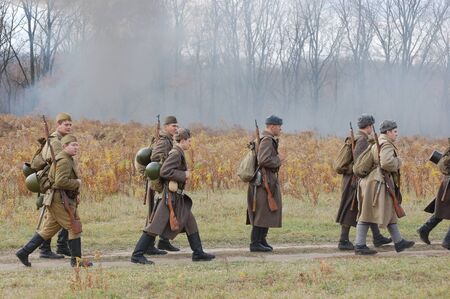 KIEV, UKRAINE - NOV 7: members of Red Star history club wear historical Soviet uniform during historical reenactment of Kiev Liberation in 1943, November 7, 2010 in Kiev, Ukraine のeditorial素材