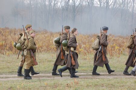 KIEV, UKRAINE - NOV 7: members of Red Star history club wear historical Soviet uniform during historical reenactment of Kiev Liberation in 1943, November 7, 2010 in Kiev, Ukraine のeditorial素材