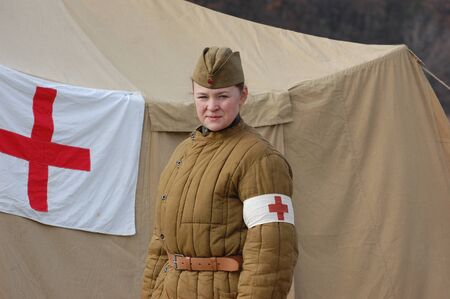 KIEV, UKRAINE - NOV 7:Member of Red Star history club wears historical Soviet uniform during historical reenactment of Kiev Liberation in 1943, November 7, 2010 in Kiev, Ukraine のeditorial素材