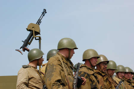 KIEV, UKRAINE - MAY 10 : Members of Red Star history club wear historical Soviet uniform during...