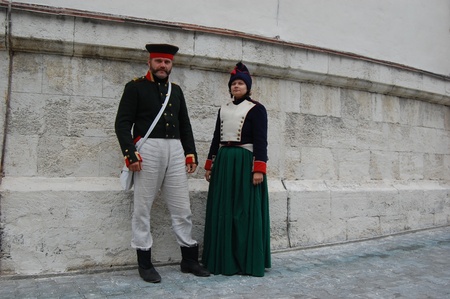 CRIMEA, UKRAINE - SEPTEMBER 26: Members of military history club Red Star wears Russian& French historical uniform during historical reenactment of Crimean War September 26, 2009 in Crimea, Ukraine のeditorial素材