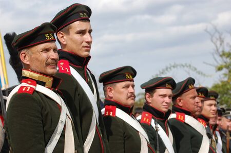 CRIMEA, UKRAINE - SEPTEMBER 26: Members of military history club ALMA wear Russian historical uniform during historical reenactment of Crimean War September 26, 2009 in Crimea, Ukraine のeditorial素材