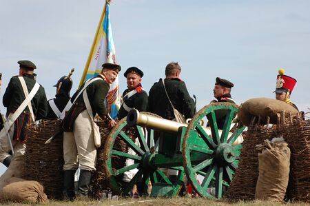 CRIMEA, UKRAINE - SEPTEMBER 26: Members of military history club ALMA wear Russian historical uniform during historical reenactment of Crimean War September 26, 2009 in Crimea, Ukraine のeditorial素材