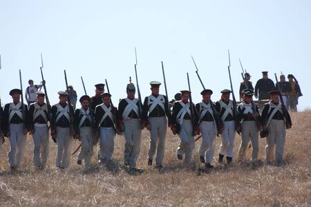 CRIMEA, UKRAINE - SEPTEMBER 26: Members of military history club ALMA wear Russian historical uniform during historical reenactment of Crimean War September 26, 2009 in Crimea, Ukraine のeditorial素材
