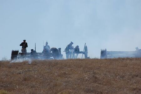 CRIMEA, UKRAINE - SEPTEMBER 26: Members of military history club ALMA wear Russian historical uniform during historical reenactment of Crimean War September 26, 2009 in Crimea, Ukraine のeditorial素材