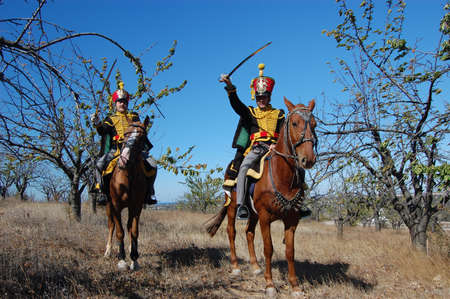 CRIMEA, UKRAINE - SEPTEMBER 26: Members of military history club ALMA wear Russian historical uniform during historical reenactment of Crimean War September 26, 2009 in Crimea, Ukraine のeditorial素材