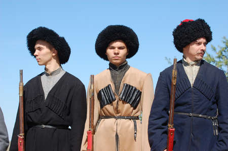 CRIMEA, UKRAINE - SEPTEMBER 26: Members of military history club ALMA wear Russian historical uniform during historical reenactment of Crimean War September 26, 2009 in Crimea, Ukraine のeditorial素材