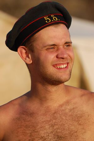 CRIMEA, UKRAINE - SEPTEMBER 26: Member of military history club ALMA wears Russian historical uniform during historical reenactment of Crimean War September 26, 2009 , Crimea, Ukraine のeditorial素材