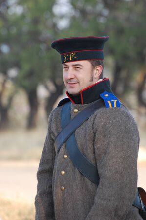 CRIMEA, UKRAINE - SEPTEMBER 26: Member of military history club ALMA wears Russian historical uniform during historical reenactment of Crimean War September 26, 2009 in Crimea, Ukraine のeditorial素材