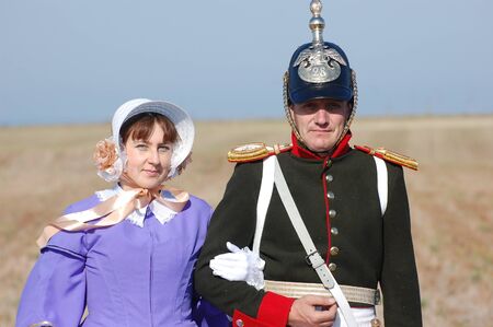 CRIMEA, UKRAINE - SEPTEMBER 26: Members of military history club ALMA wear Russian historical uniform&costume during historical reenactment of Crimean War September 26, 2009 in Crimea, Ukraine のeditorial素材