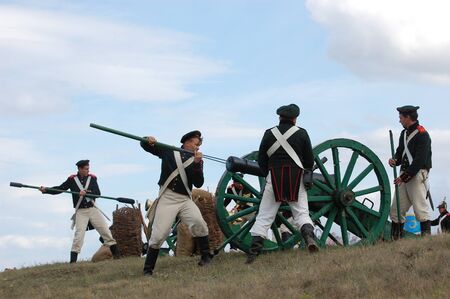 CRIMEA, UKRAINE - SEPTEMBER 26: Members of military history club ALMA wear Russian historical uniform during historical reenactment of Crimean War September 26, 2009 in Crimea, Ukraine のeditorial素材