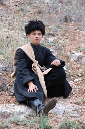 CRIMEA, UKRAINE - SEPTEMBER 26: Member of military history club ALMA wears Russian historical uniform during historical reenactment of Crimean War September 26, 2009 , Crimea, Ukraine のeditorial素材