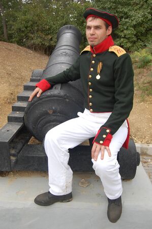 CRIMEA, UKRAINE - SEPTEMBER 26: Member of military history club ALMA wears Russian historical uniform during historical reenactment of Crimean War September 26, 2009 , Crimea, Ukraine のeditorial素材