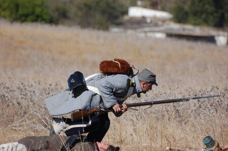 CRIMEA, UKRAINE - SEPTEMBER 26: Member of military history club Red Star wears French historical uniform during historical reenactment of Crimean War September 26, 2009 in Crimea, Ukraine のeditorial素材