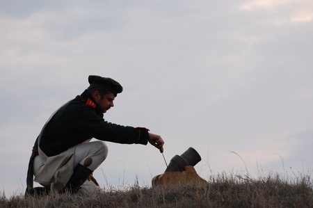 CRIMEA, UKRAINE - SEPTEMBER 26: Member of military history club ALMA wears Russian historical uniform during historical reenactment of Crimean War September 26, 2009 , Crimea, Ukraine のeditorial素材