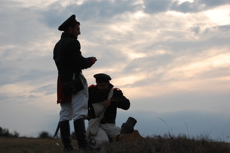 CRIMEA, UKRAINE - SEPTEMBER 26: Members of military history club ALMA wear Russian historical uniform during historical reenactment of Crimean War September 26, 2009 in Crimea, Ukraine のeditorial素材
