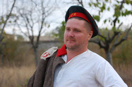CRIMEA, UKRAINE - SEPTEMBER 26: Member of military history club ALMA wears Russian historical uniform during historical reenactment of Crimean War September 26, 2009 , Crimea, Ukraine のeditorial素材
