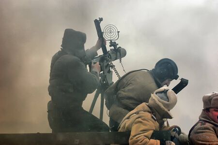KIEV, UKRAINE - FEB 20: A members of military history club RedStar  wear historical Soviet uniform  during historical reenactment of WWII,February 20, 2011 in Kiev, Ukraine のeditorial素材