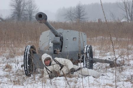 KIEV, UKRAINE - FEB 20: Member of Red Star military history club wears historical German uniform during historical reenactment of WWII,February 20, 2011 in Kiev, Ukraineのeditorial素材