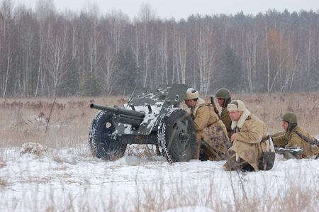 KIEV, UKRAINE - FEB 20: Members of military history club RedStar wear historical Soviet uniform...