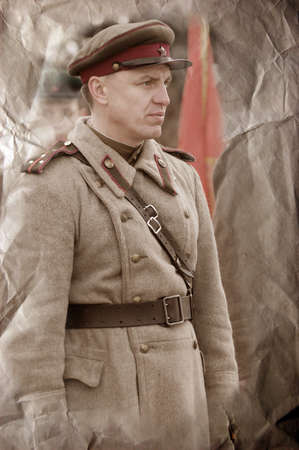 KIEV, UKRAINE - FEB 23, 2008: Military history club Red Star.Red Army Day celebration. Person in Soviet WW2 military uniform. Historical reenacting in Kiev, Ukraine, February 23, 2008. のeditorial素材
