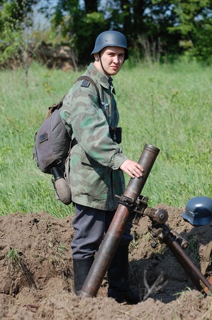 KIEV, UKRAINE, 10 MAY 2008: Member of military history club Red Star. Person in German WW2 military...