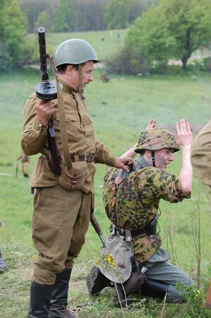 KIEV, UKRAINE, 10 MAY 2008: Member of military history club Red Star. People in Soviet WW2 military...