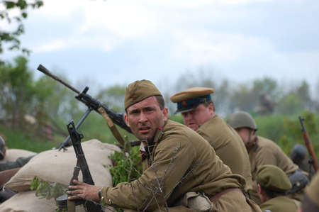 KIEV, UKRAINE, 10 MAY 2008: Member of military history club Red Star. Person in Soviet WW2 military...
